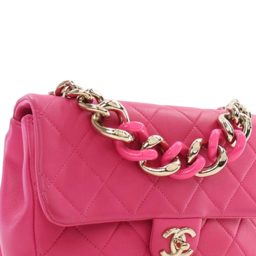 Chanel AB Chanel Pink Dark Pink Lambskin Leather Leather Small Lambskin Elegant Chain Single Flap Italy