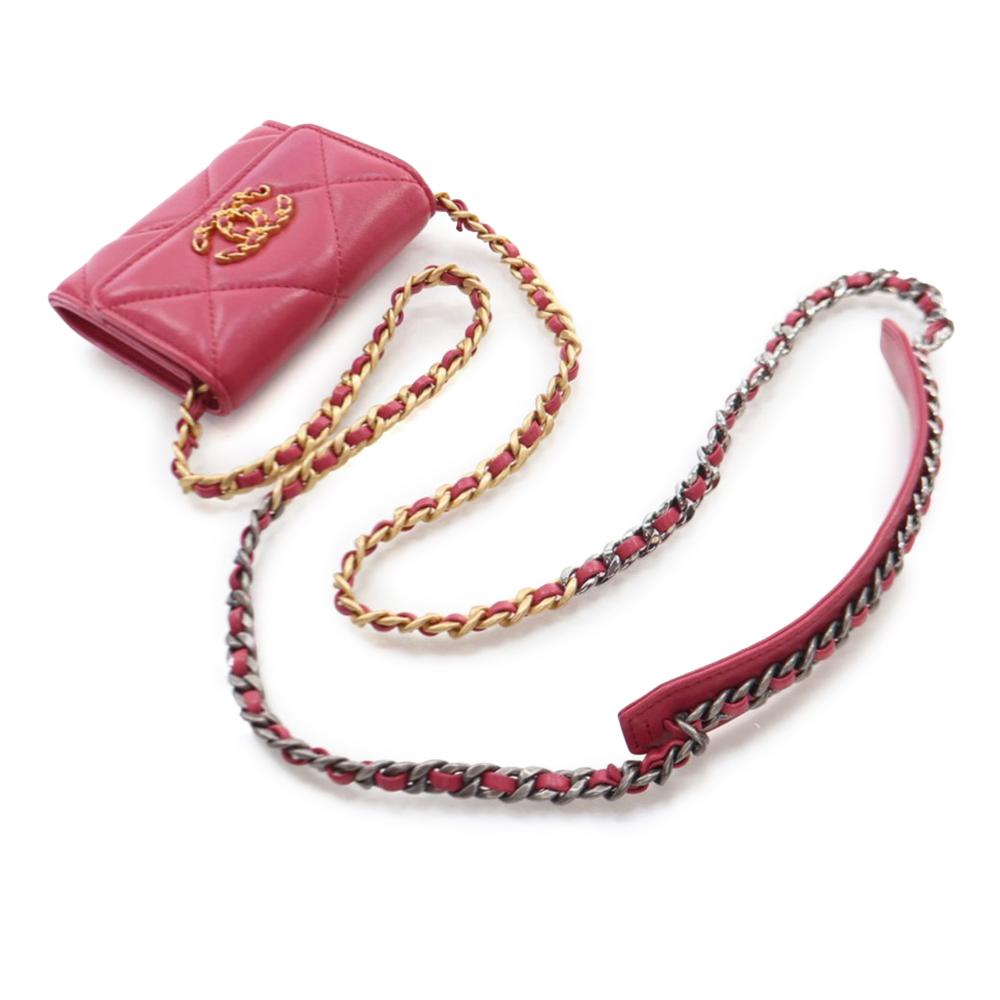 Chanel A Chanel Red Lambskin Leather Leather Quilted Lambskin Chanel 19 Card Holder On Chain France