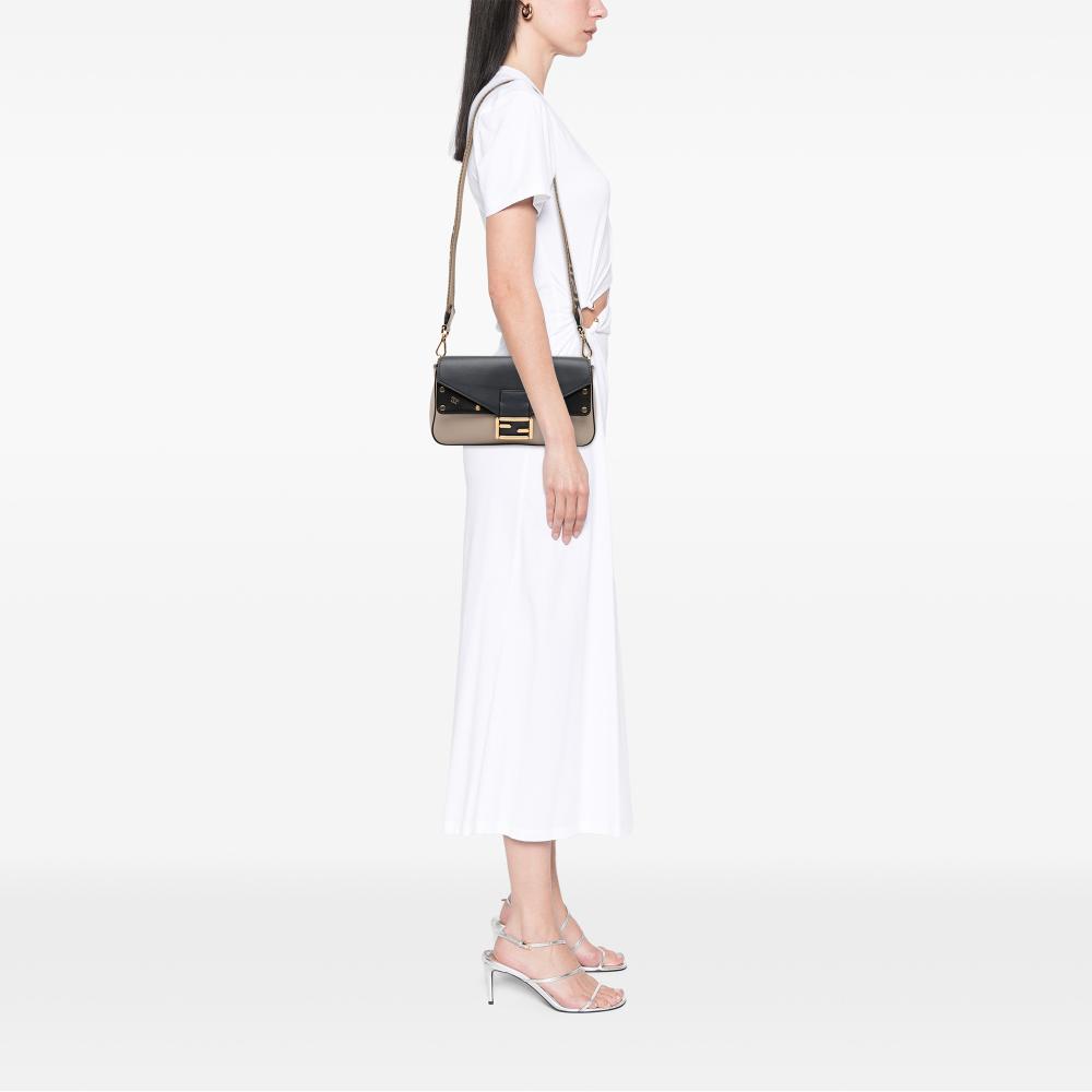 Fendi AB Fendi Brown Beige with Blue Navy Calf Leather Medium skin Flip Baguette Italy