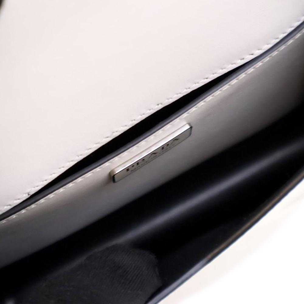 Prada B Prada White Calf Leather Spazzolato Triangle Logo Plate Flap Chain Crossbody Italy