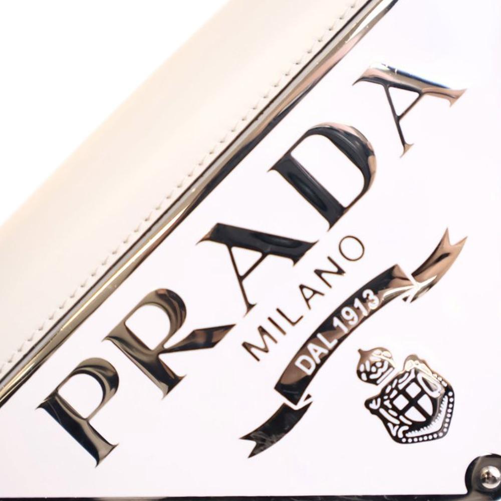 Prada B Prada White Calf Leather Spazzolato Triangle Logo Plate Flap Chain Crossbody Italy