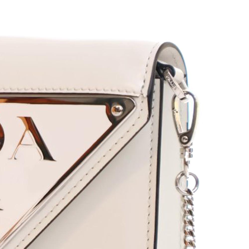 Prada B Prada White Calf Leather Spazzolato Triangle Logo Plate Flap Chain Crossbody Italy