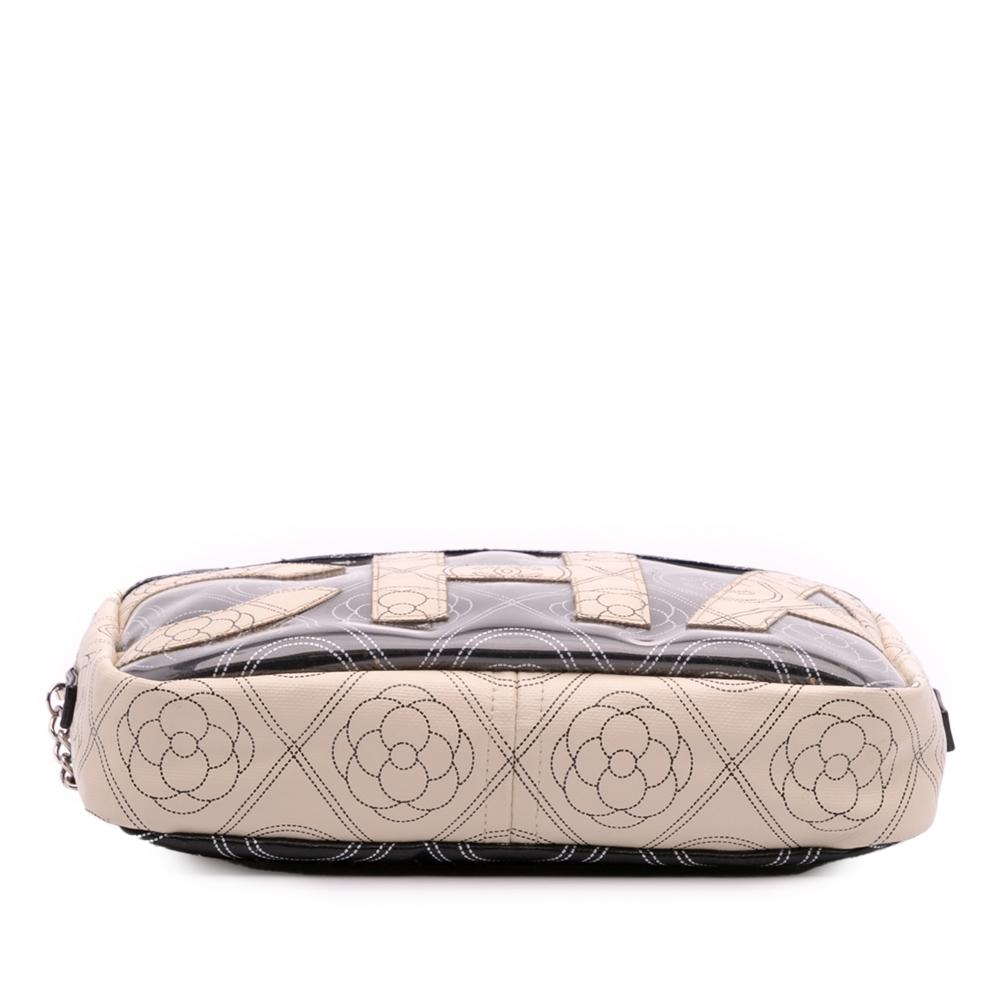 Chanel AB Chanel Black Ivory with White Ivory Coated Canvas Fabric Camellia Logo Camera Bag Italy