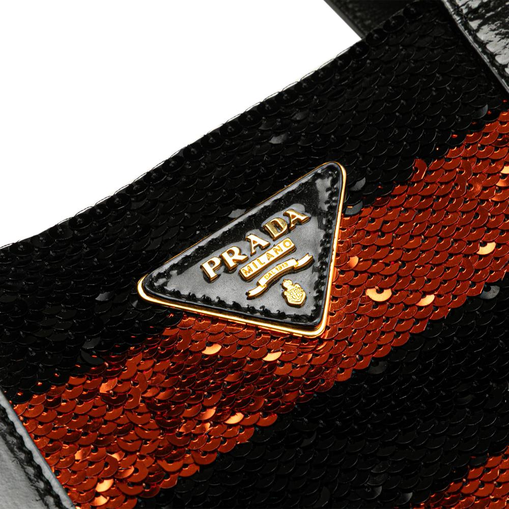 Prada B Prada Orange with Black Satin Fabric Sequin Stripes Tote Italy