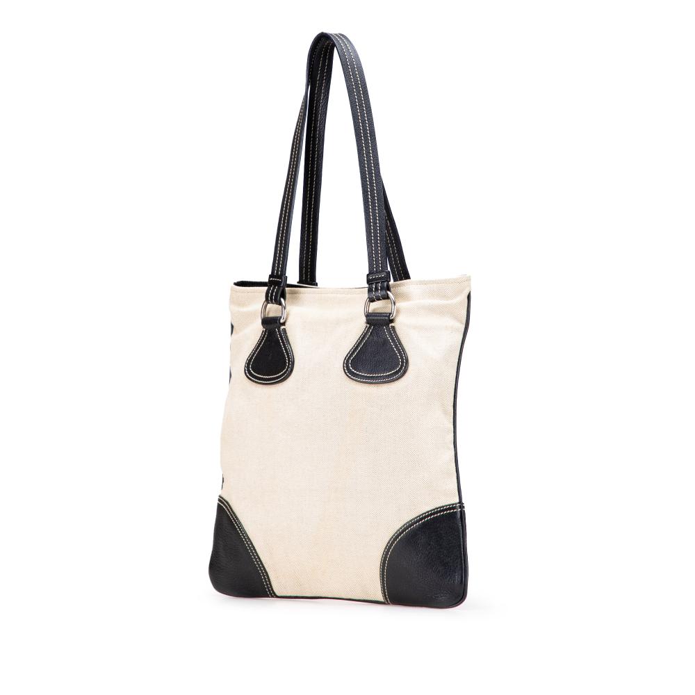 Prada B Prada Brown Light Beige with Black Canvas Fabric Vitello Trimmed Canapa Tote Italy
