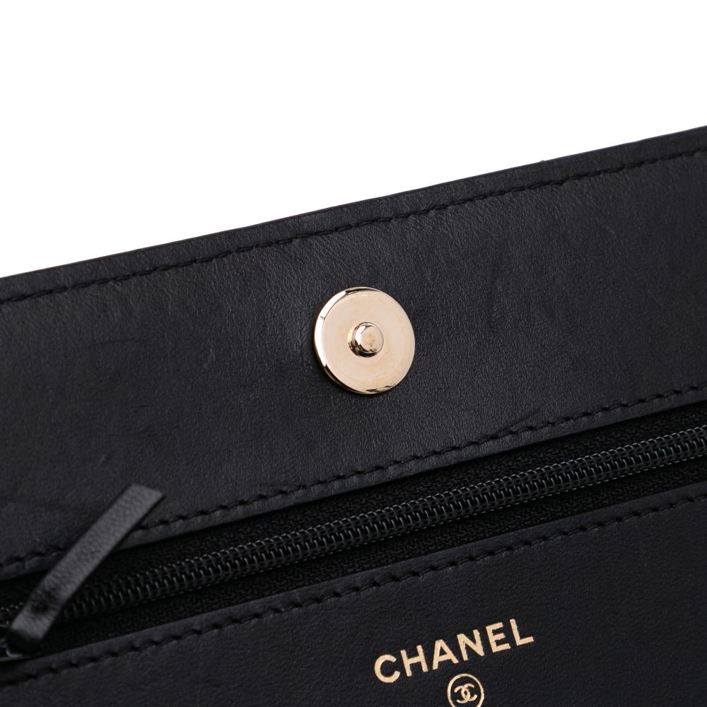 Chanel B Chanel Black Lambskin Leather Leather Bicolor Quilted Lambskin Camellia Wallet on Chain Italy