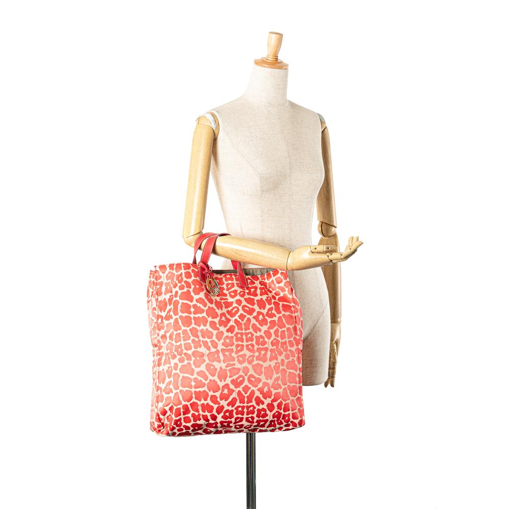 Fendi B Fendi Red Canvas Fabric Leopard Print Shopper Tote Italy