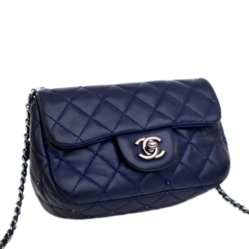 Chanel Blue Mini Rectangular Classic Lambskin Crystal Single Flap Italy