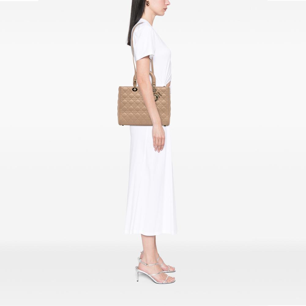 Christian Dior B Dior Brown Beige Lambskin Leather Leather Large Lambskin Cannage Lady Dior Italy