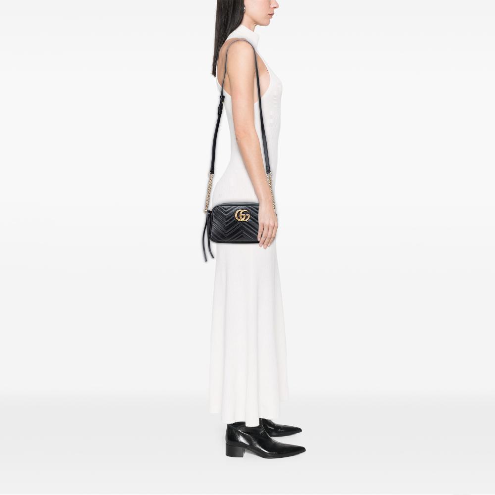 Gucci B Gucci Black Calf Leather Small GG Marmont Matelasse Crossbody Italy