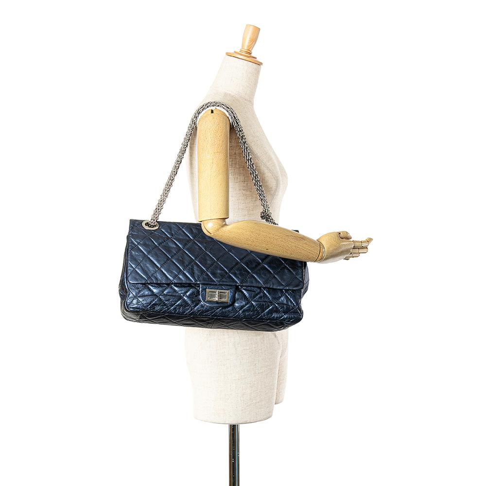 Chanel B Chanel Blue Calf Leather Metallic Quilted Aged skin Reissue 2.55 Double Flap 227 Italy