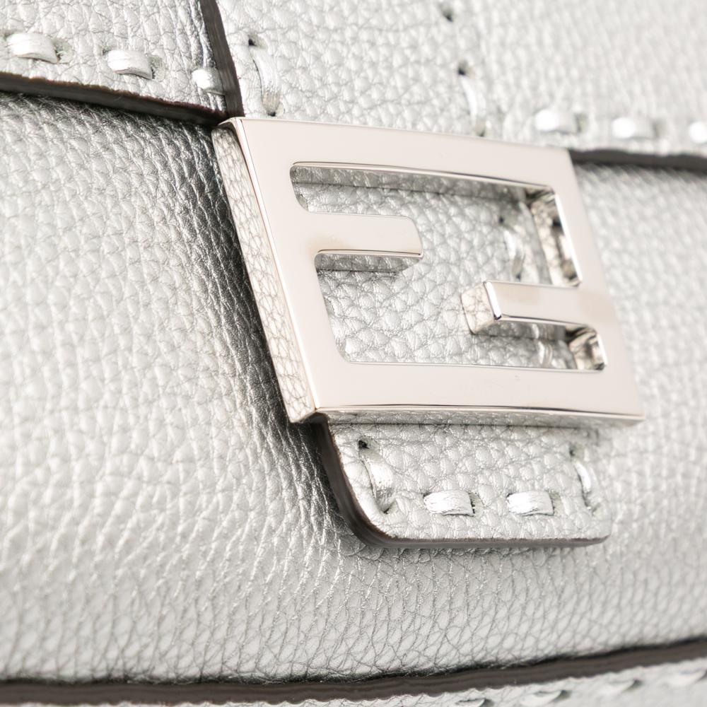 Fendi AB Fendi Silver Calf Leather Selleria Baguette Satchel Italy