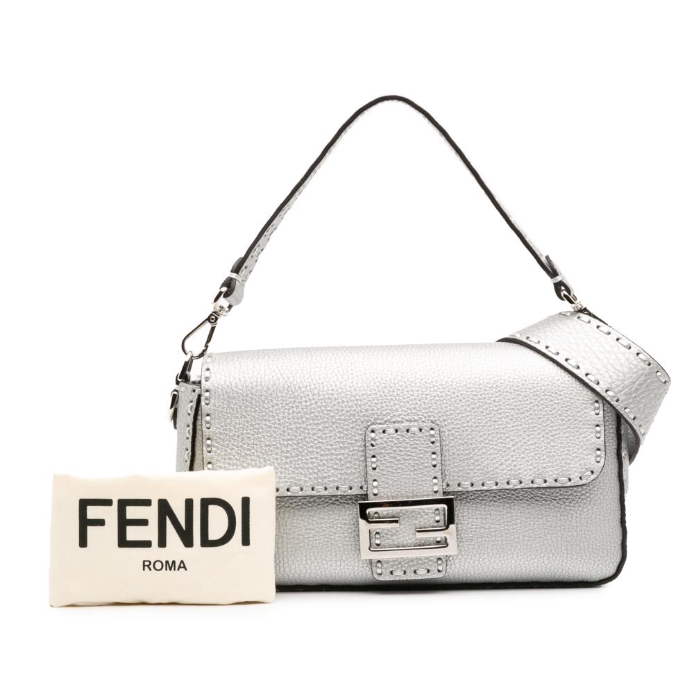 Fendi AB Fendi Silver Calf Leather Selleria Baguette Satchel Italy