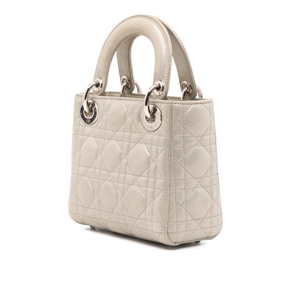 Christian Dior B Dior Silver Lambskin Leather Leather Mini Iridescent Lambskin Cannage Lady Dior Italy