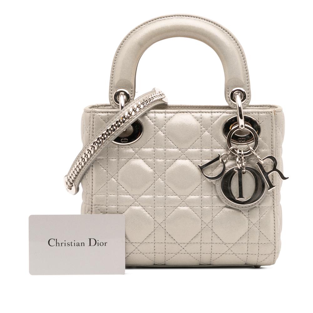 Christian Dior B Dior Silver Lambskin Leather Leather Mini Iridescent Lambskin Cannage Lady Dior Italy
