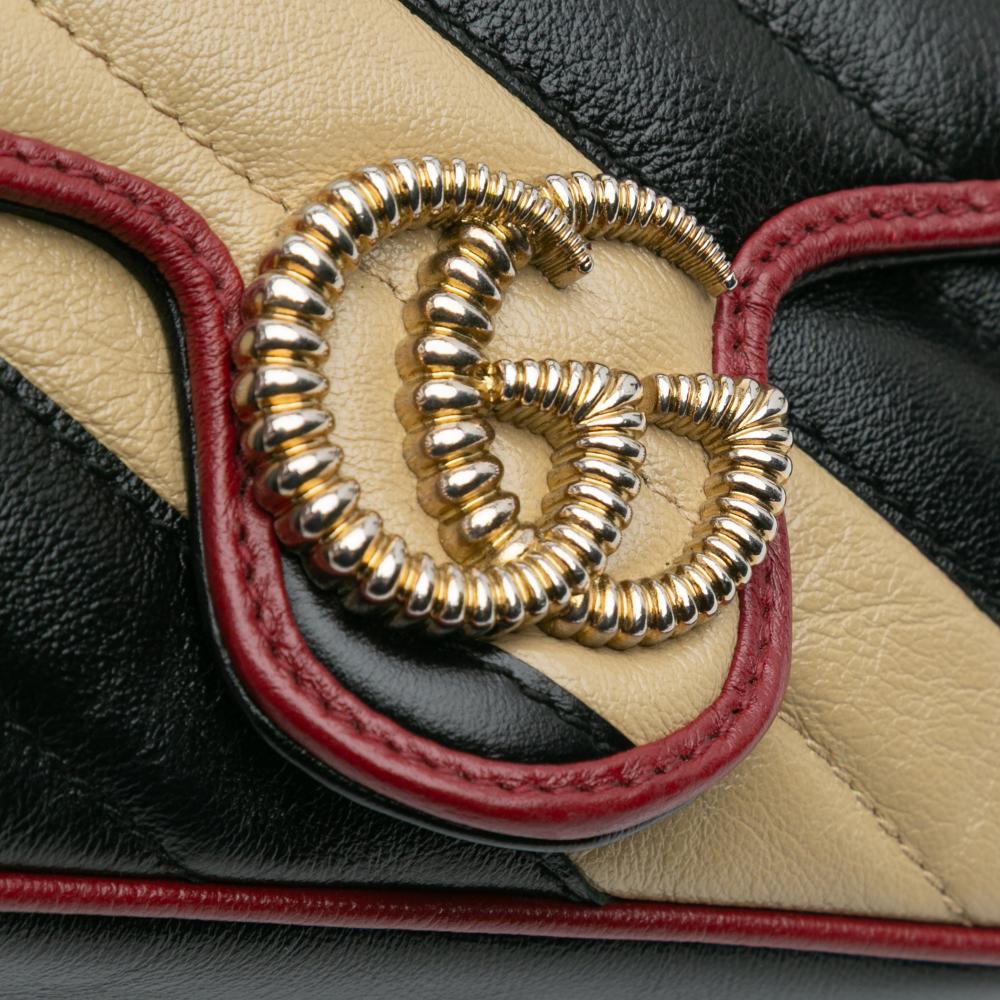 Gucci B Gucci Brown Beige Calf Leather Super Mini GG Marmont Matelasse Torchon Flap Crossbody Italy