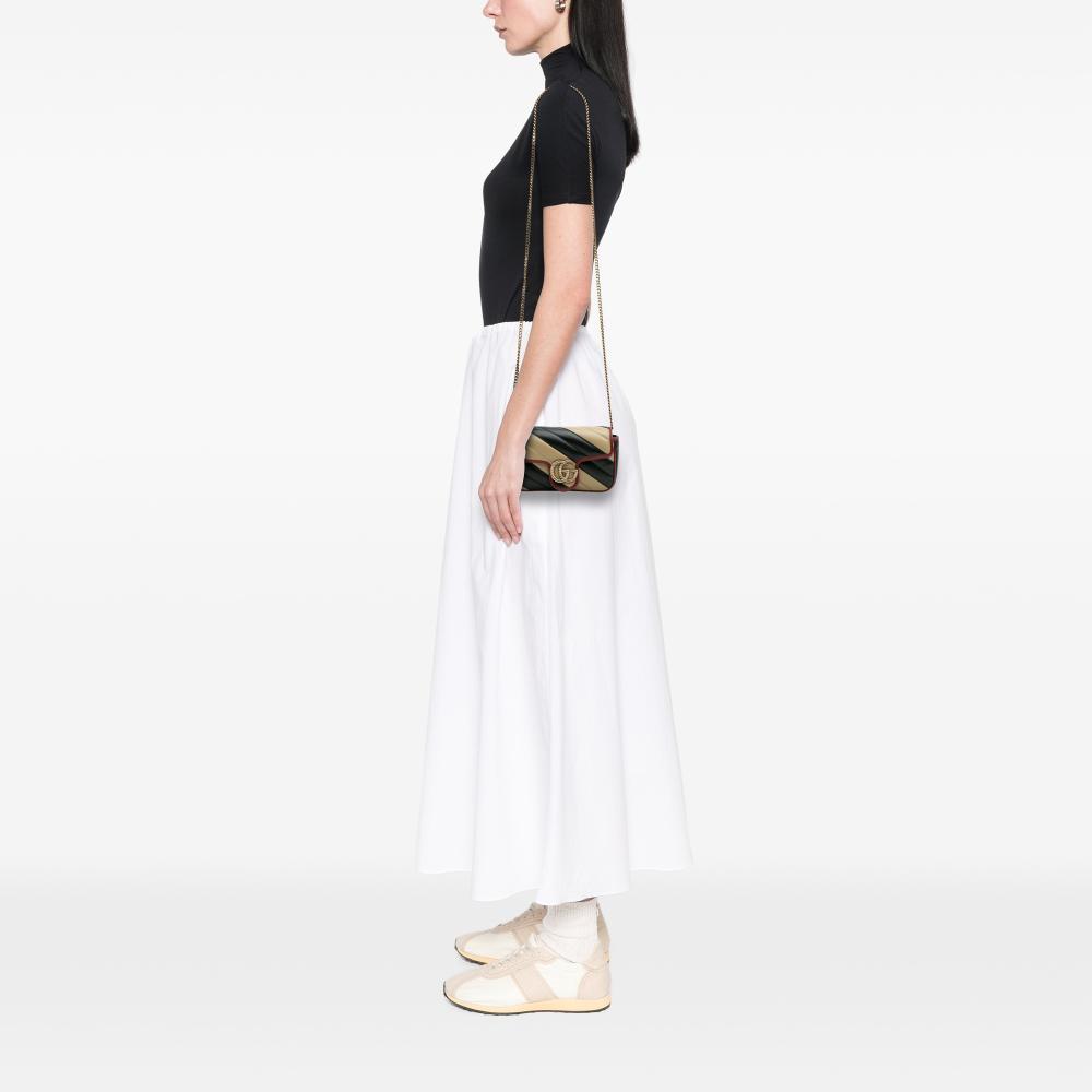 Gucci B Gucci Brown Beige Calf Leather Super Mini GG Marmont Matelasse Torchon Flap Crossbody Italy