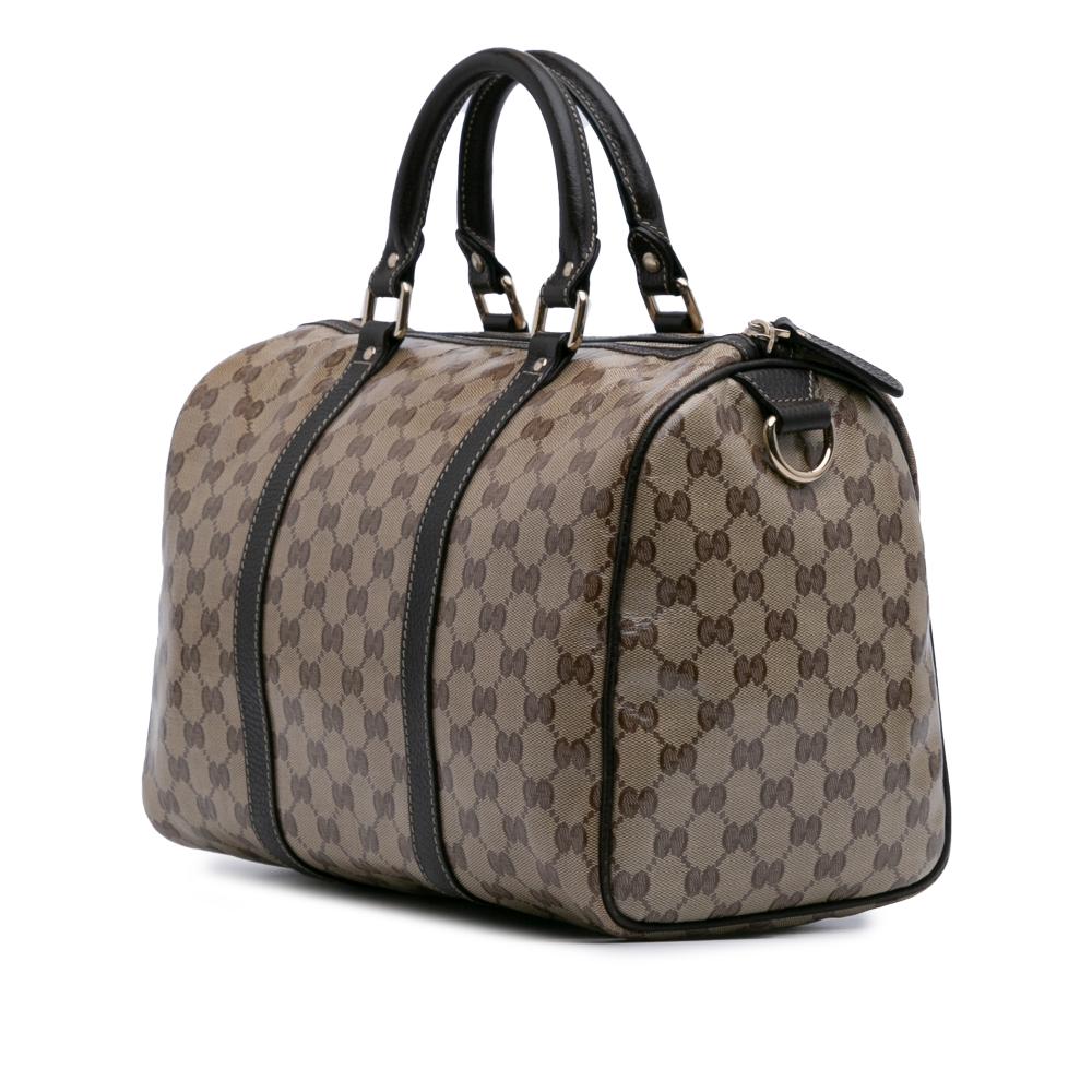 Gucci B Gucci Brown Beige Coated Canvas Fabric Medium GG Crystal Joy Boston Bag Italy