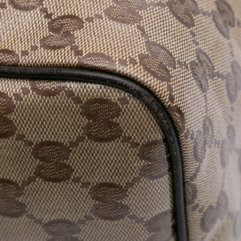 Gucci B Gucci Brown Beige Coated Canvas Fabric Medium GG Crystal Joy Boston Bag Italy