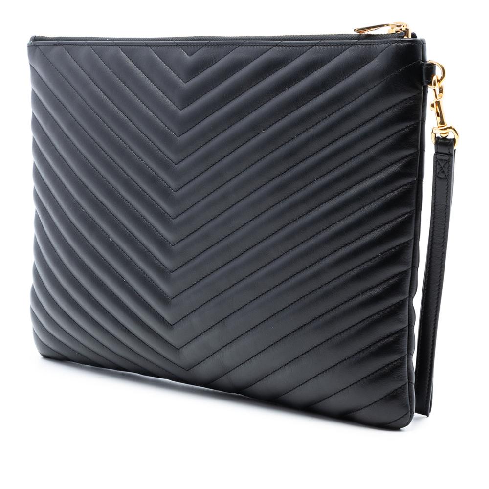 Saint Laurent AB Saint Laurent Black Calf Leather Quilted Chevron Monogram Document Holder Italy