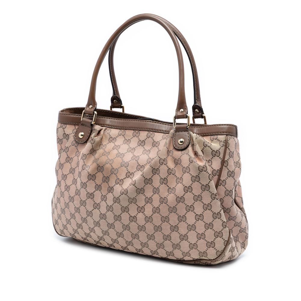Gucci B Gucci Brown Beige Canvas Fabric GG Sukey Tote Italy