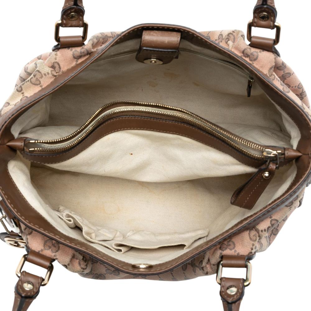 Gucci B Gucci Brown Beige Canvas Fabric GG Sukey Tote Italy