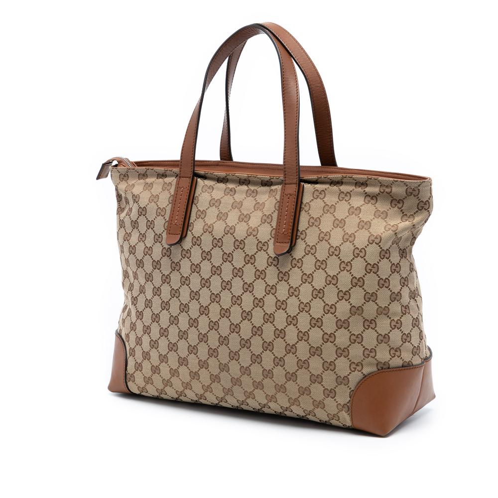 Gucci B Gucci Brown Beige Canvas Fabric GG Web Tote Italy