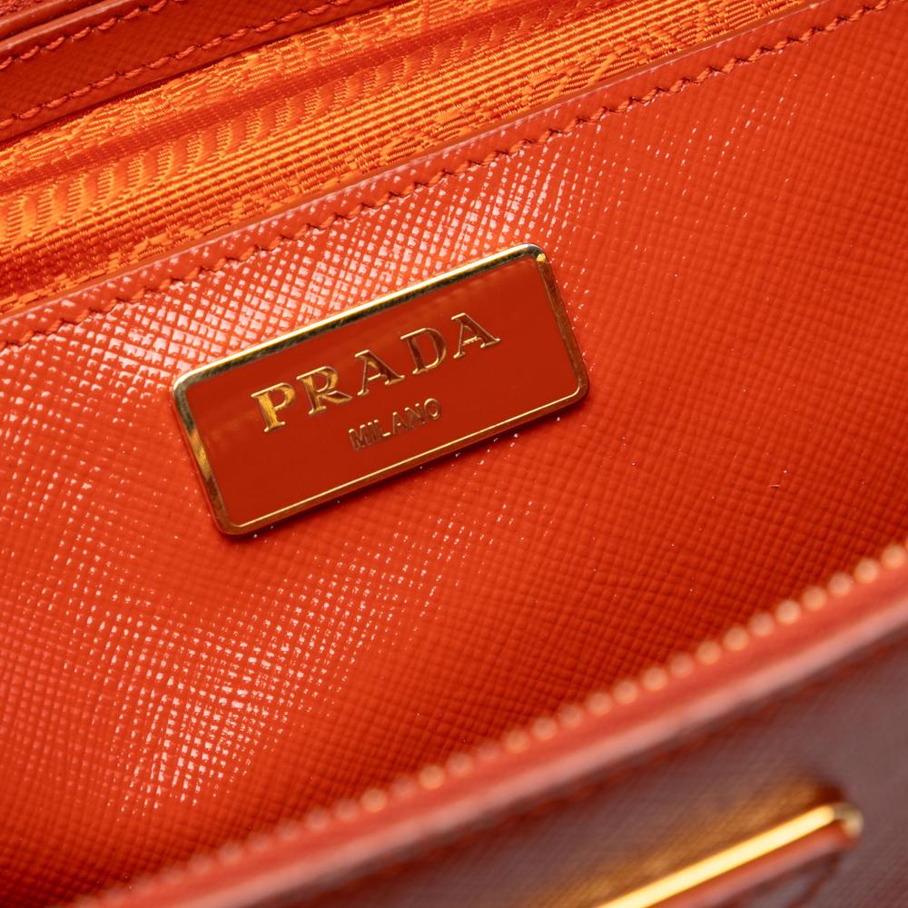 Prada B Prada Orange Dark Orange Saffiano Leather Medium Vernice Galleria Double Zip Satchel Italy