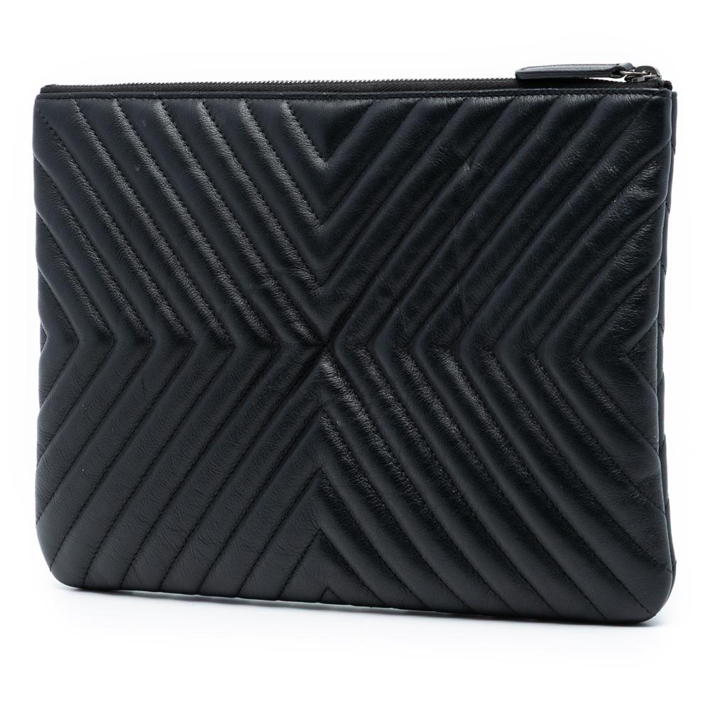 Chanel AB Chanel Black Calf Leather Medium Diagonal Chevron skin Tassel O Case Clutch Italy