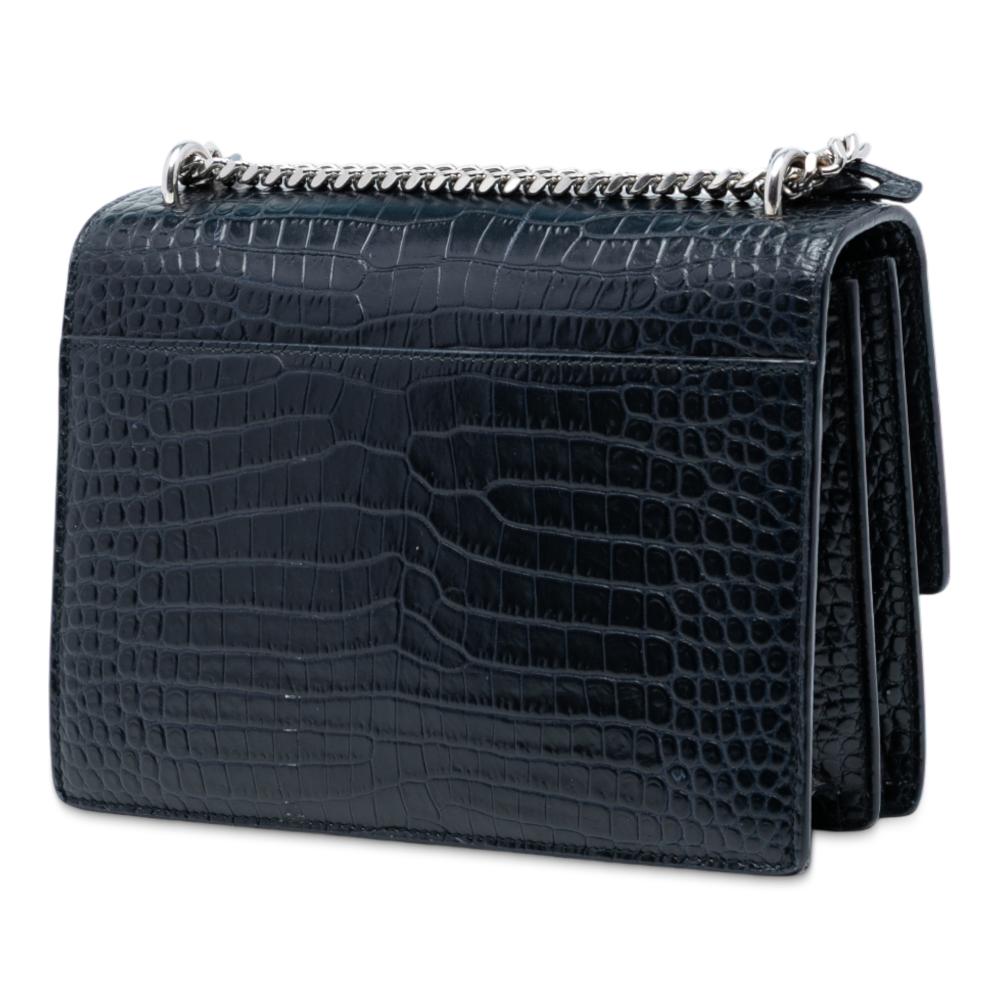 Saint Laurent B Saint Laurent Black Calf Leather Medium Croc Embossed Monogram Sunset Bag Italy