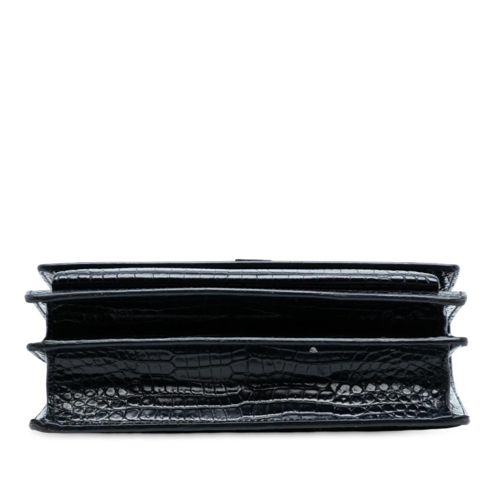 Saint Laurent B Saint Laurent Black Calf Leather Medium Croc Embossed Monogram Sunset Bag Italy