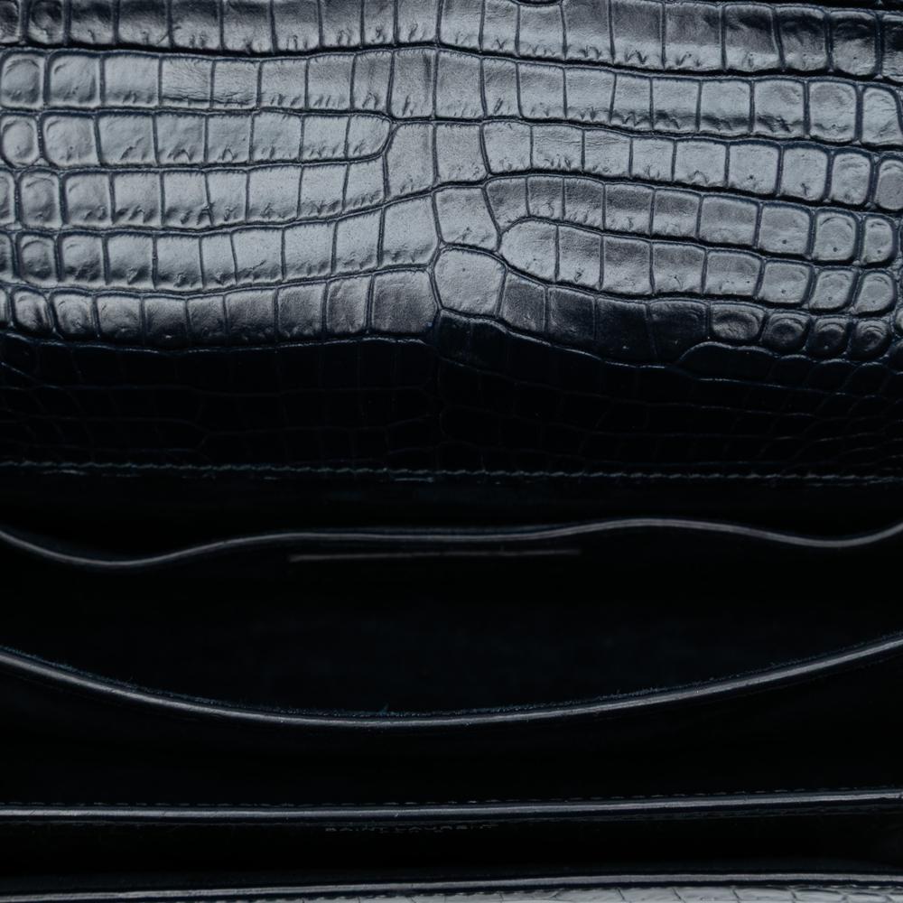 Saint Laurent B Saint Laurent Black Calf Leather Medium Croc Embossed Monogram Sunset Bag Italy
