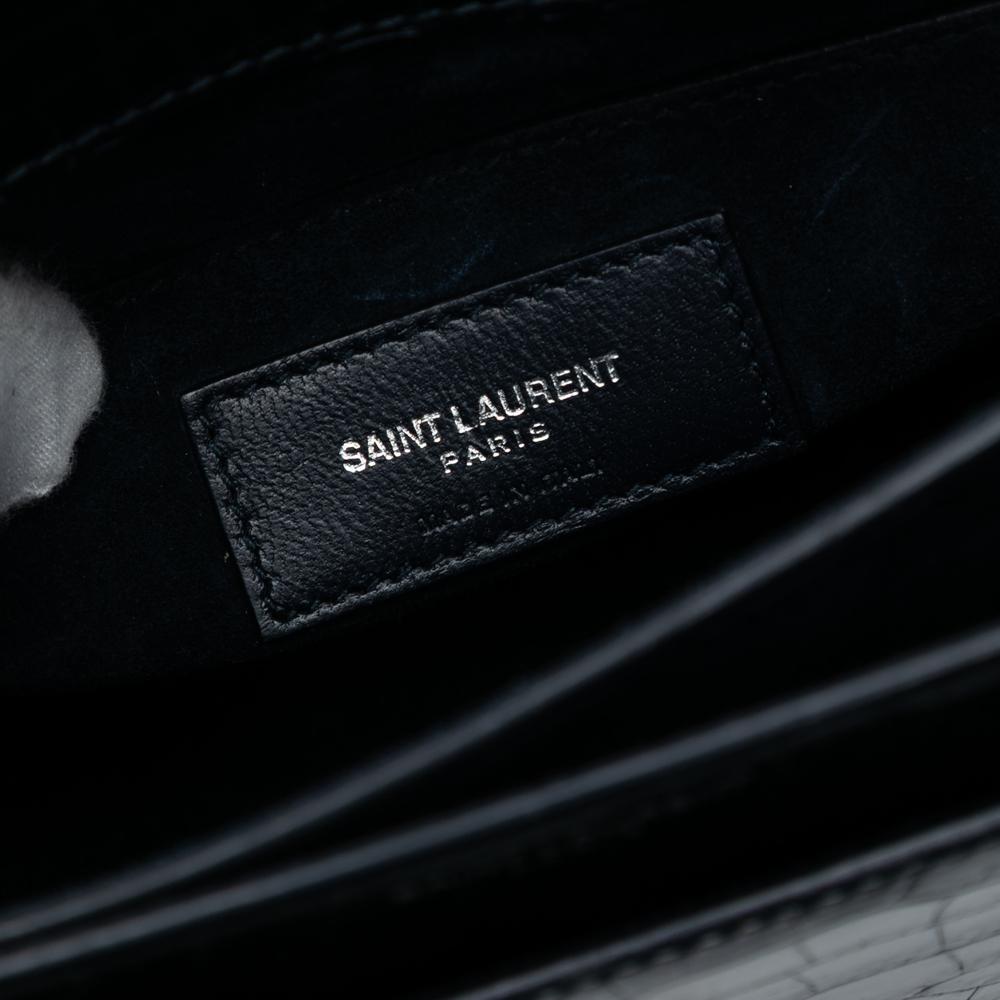 Saint Laurent B Saint Laurent Black Calf Leather Medium Croc Embossed Monogram Sunset Bag Italy
