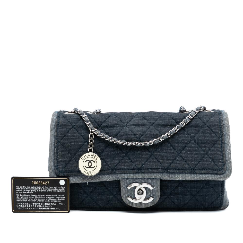Chanel B Chanel Blue Navy Denim Fabric Medium Bicolor Quilted Medallion Flap Italy