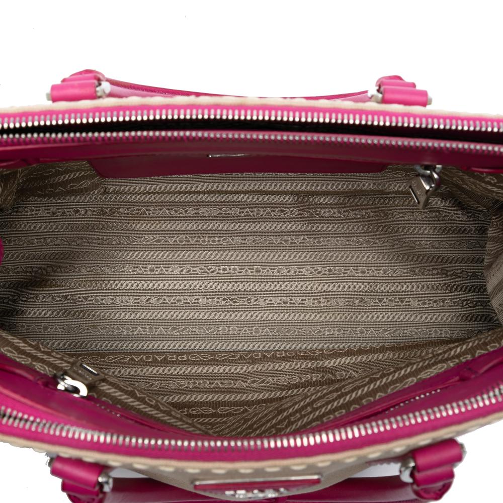Prada Brown Beige Canvas Fabric Small and City Calf Hand Stitched Galleria Double Zip Satchel Italy