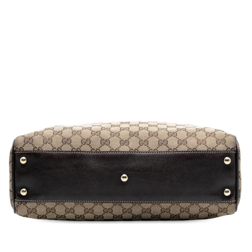 Gucci B Gucci Brown Beige Canvas Fabric Medium GG Braided Peggy Tote Italy