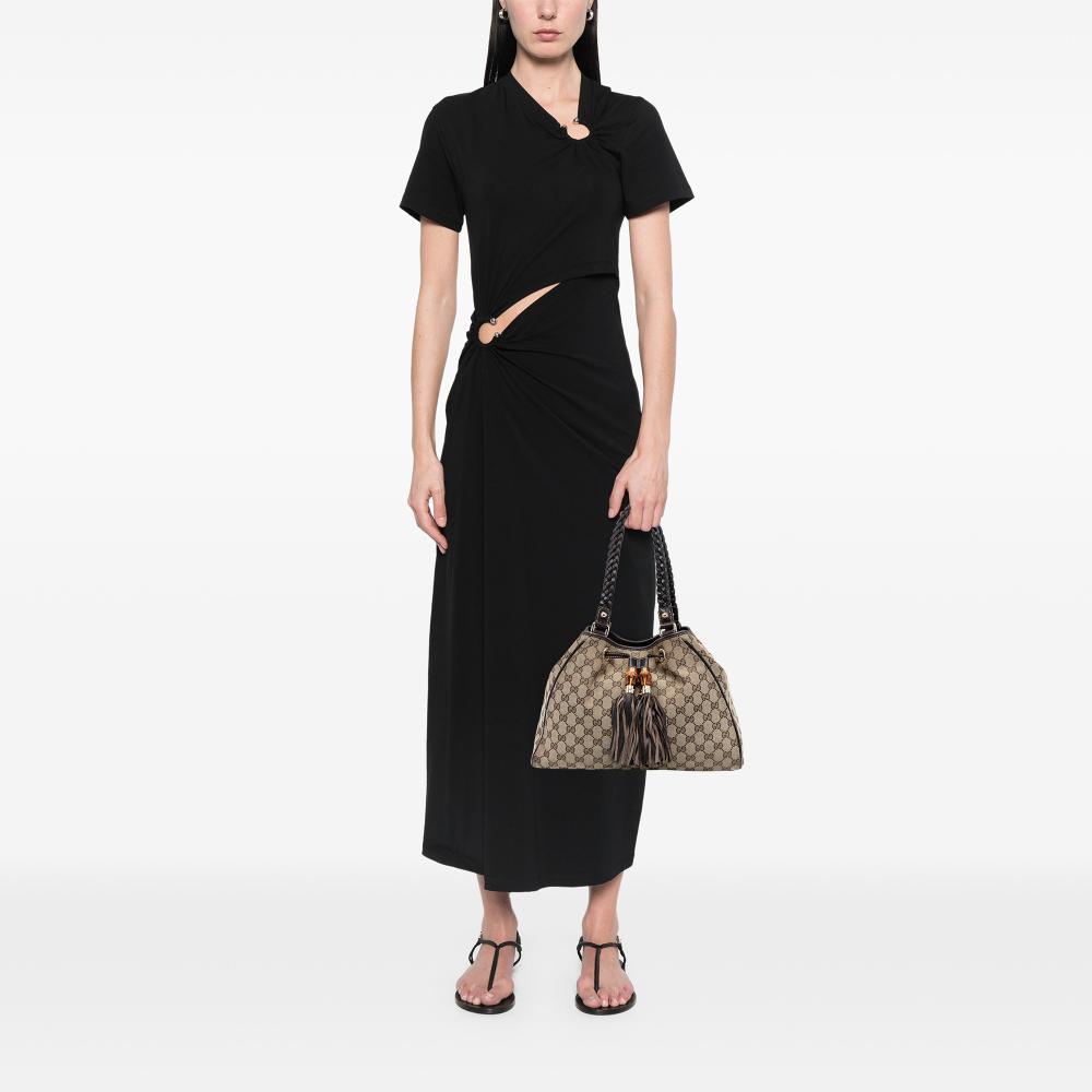 Gucci B Gucci Brown Beige Canvas Fabric Medium GG Braided Peggy Tote Italy