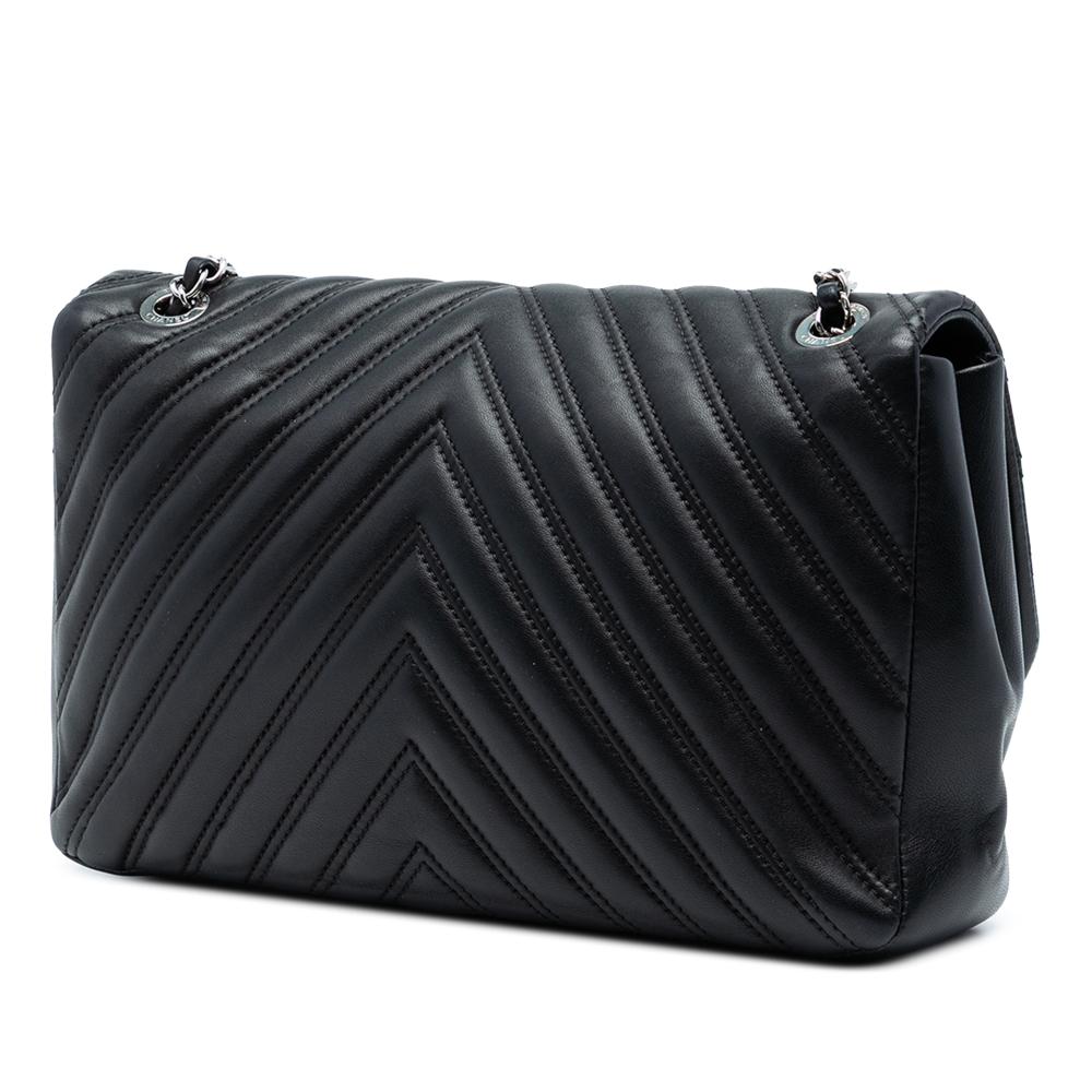 Chanel Black Lambskin Leather Leather Jumbo Classic Chevron Lambskin Double Stitch Single Flap Italy