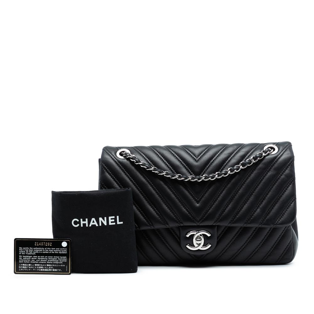 Chanel Black Lambskin Leather Leather Jumbo Classic Chevron Lambskin Double Stitch Single Flap Italy