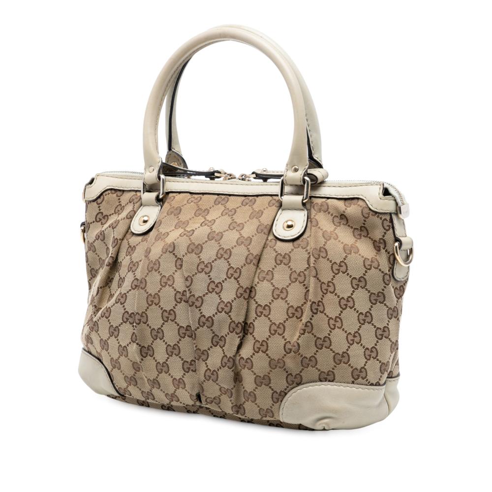 Gucci B Gucci Brown Beige with White Canvas Fabric GG Sukey Satchel Italy
