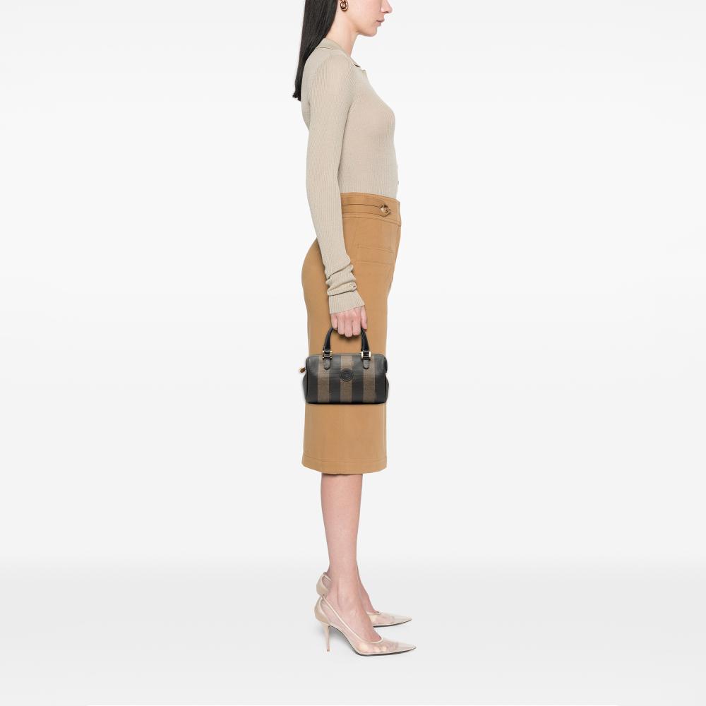 Fendi B Fendi Brown Coated Canvas Fabric Pequin Boston Bag Italy