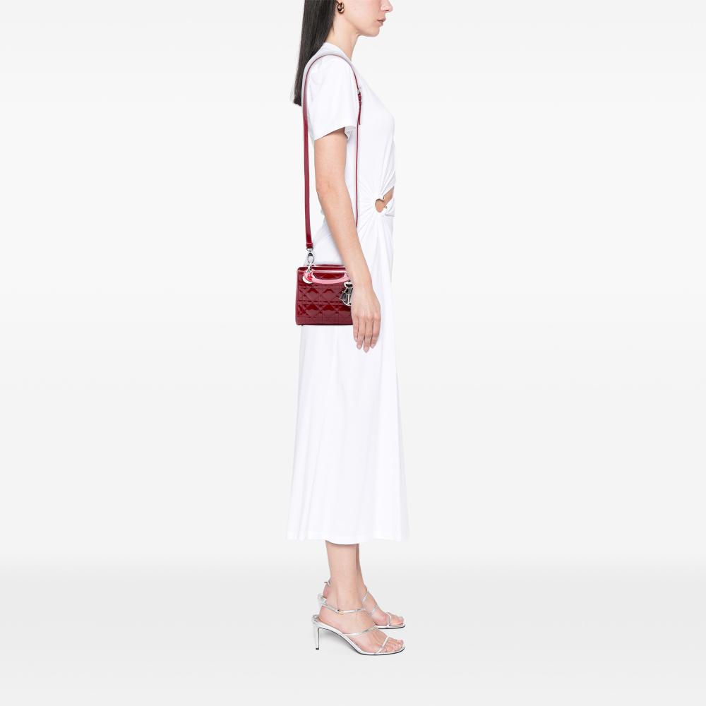 Christian Dior B Dior Red Dark Red Patent Leather Leather Mini Patent Cannage Lady Dior Italy
