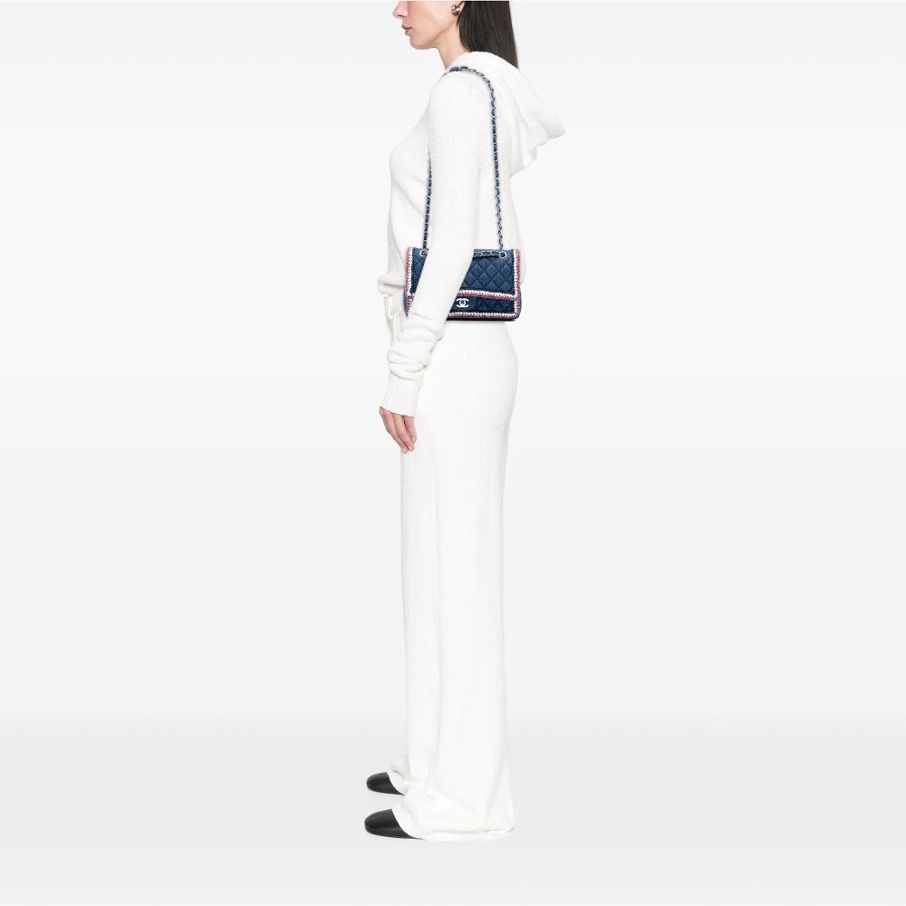 Chanel AB Chanel Blue Denim Fabric Medium Classic Braided Single Flap France