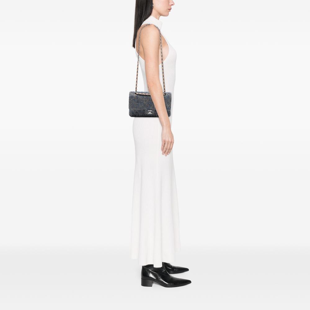 Chanel B Chanel Blue Tweed Fabric Medium Classic Double Flap France