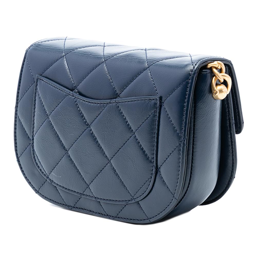 Chanel AB Chanel Blue Navy Calf Leather Mini CC Quilted Shiny skin Round Moon Messenger Flap Italy