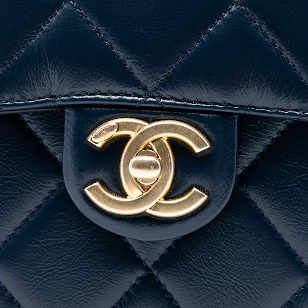 Chanel AB Chanel Blue Navy Calf Leather Mini CC Quilted Shiny skin Round Moon Messenger Flap Italy