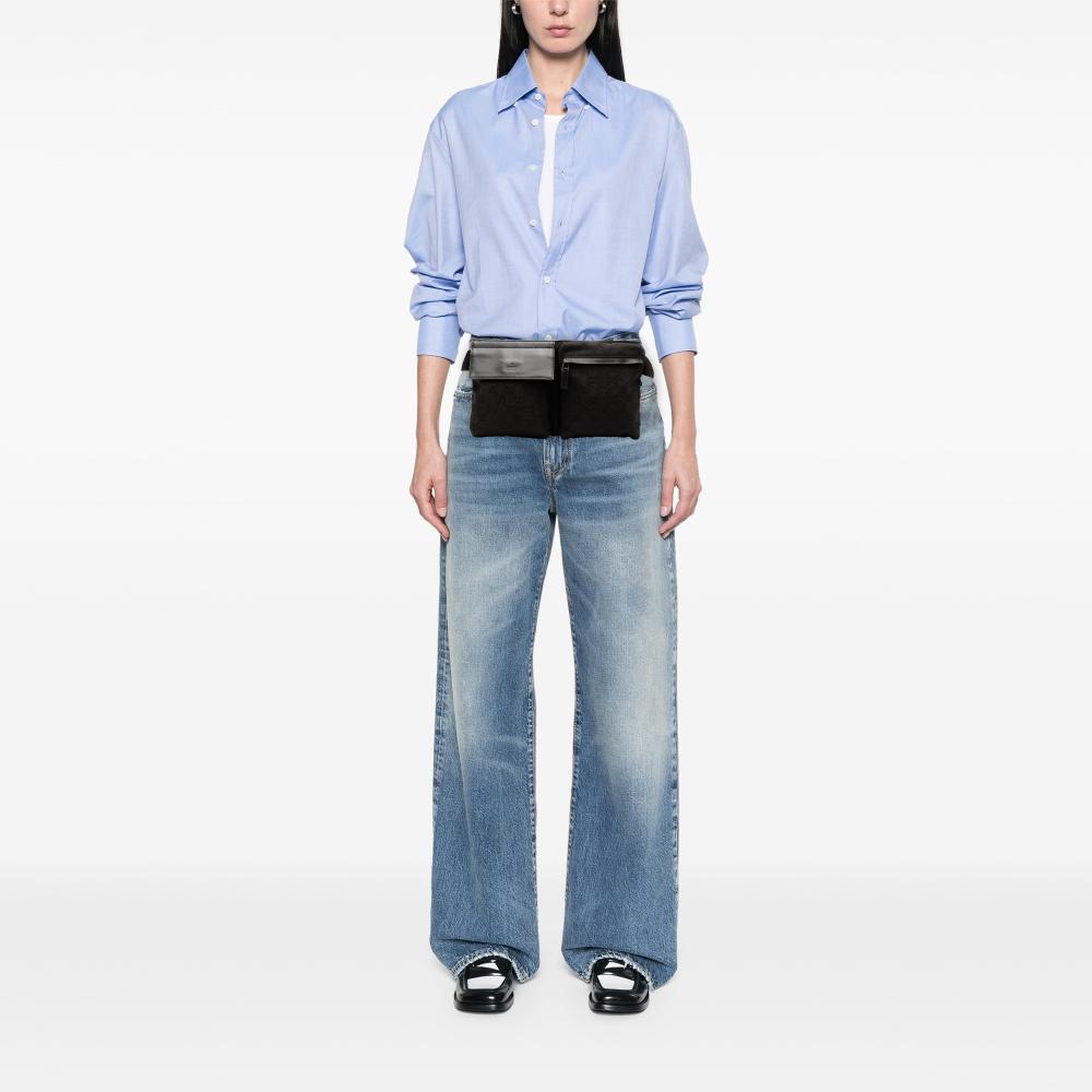 Gucci B Gucci Black Canvas Fabric GG Double Pocket Belt Bag Italy