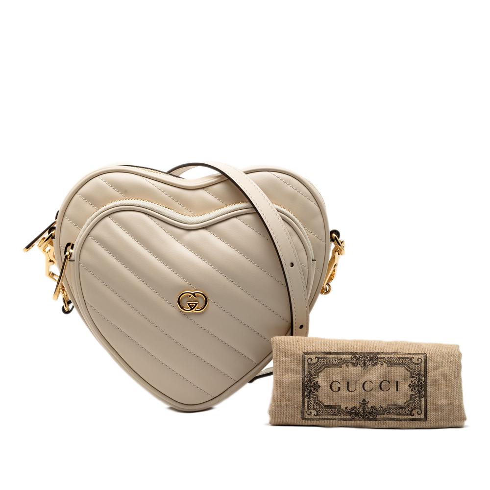 Gucci AB Gucci Brown Beige Calf Leather Mini Matelasse Heart Crossbody Italy