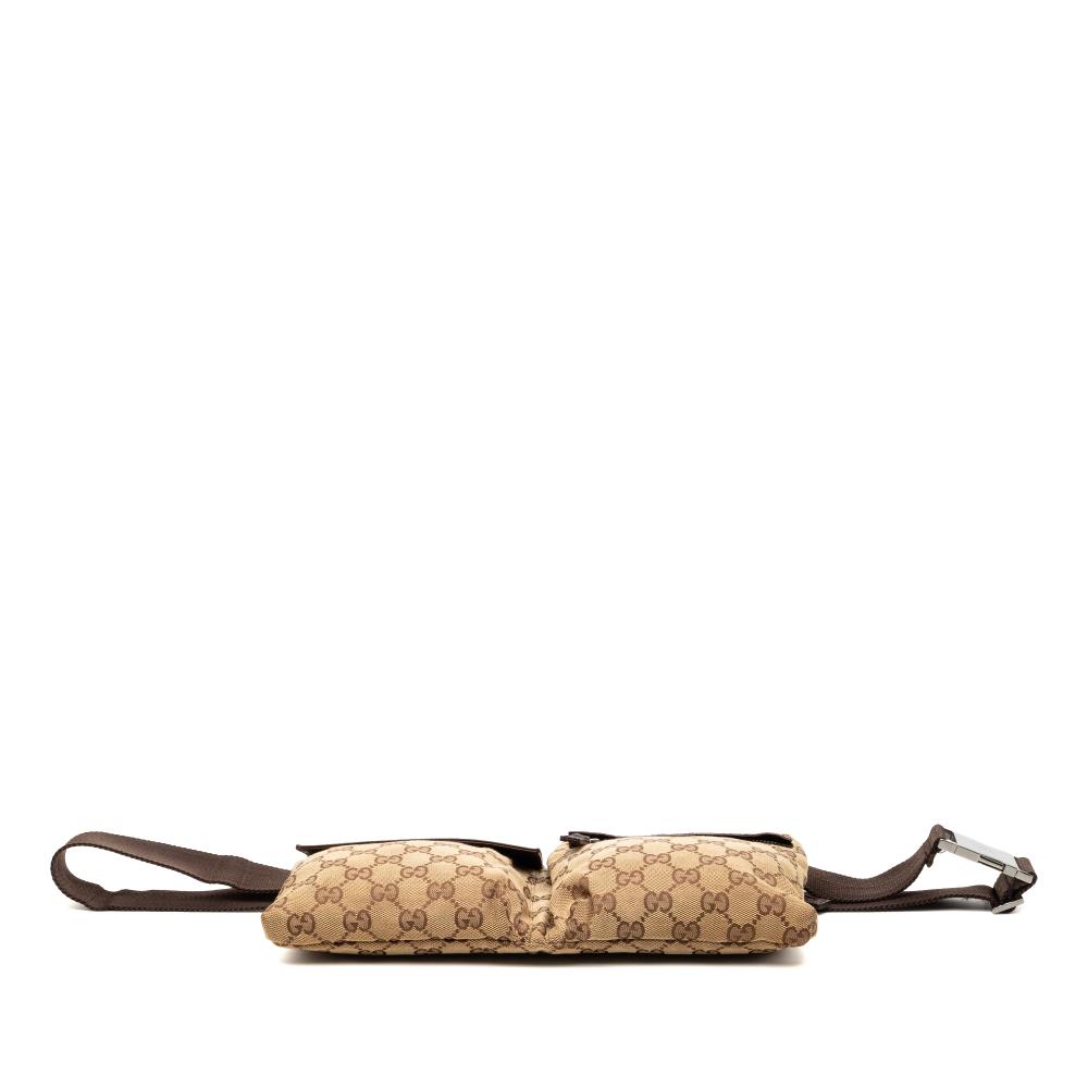 Gucci AB Gucci Brown Beige Canvas Fabric GG Double Pocket Belt Bag Italy