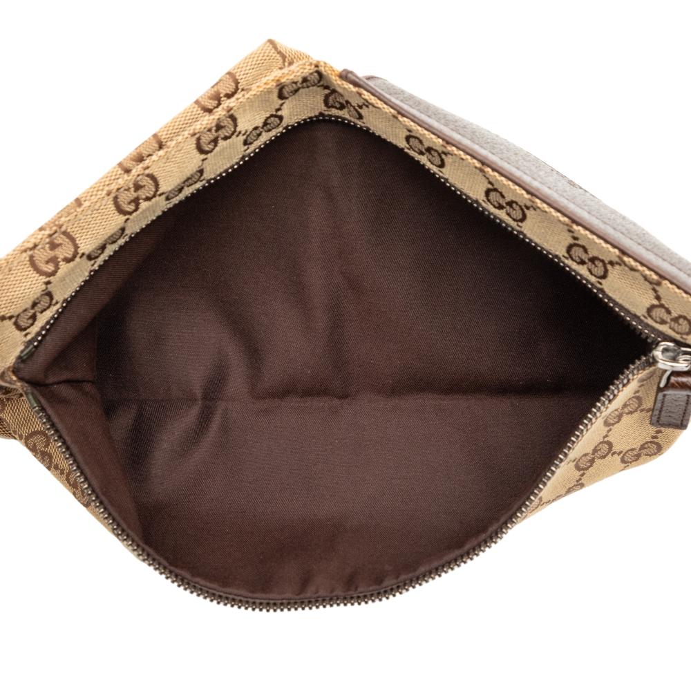 Gucci AB Gucci Brown Beige Canvas Fabric GG Double Pocket Belt Bag Italy